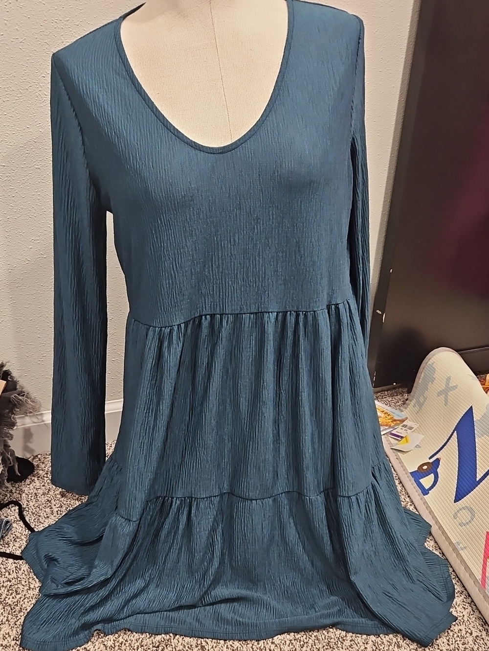 Lush Teal Long-Sleeve Tiered Midi Dress